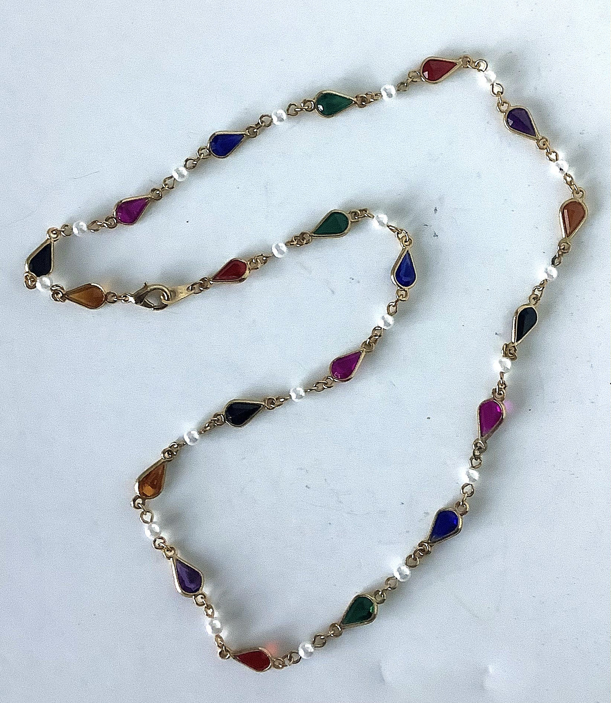 Vintage Glass Tear Drop Necklace Multicolor Claw Clasp 22"