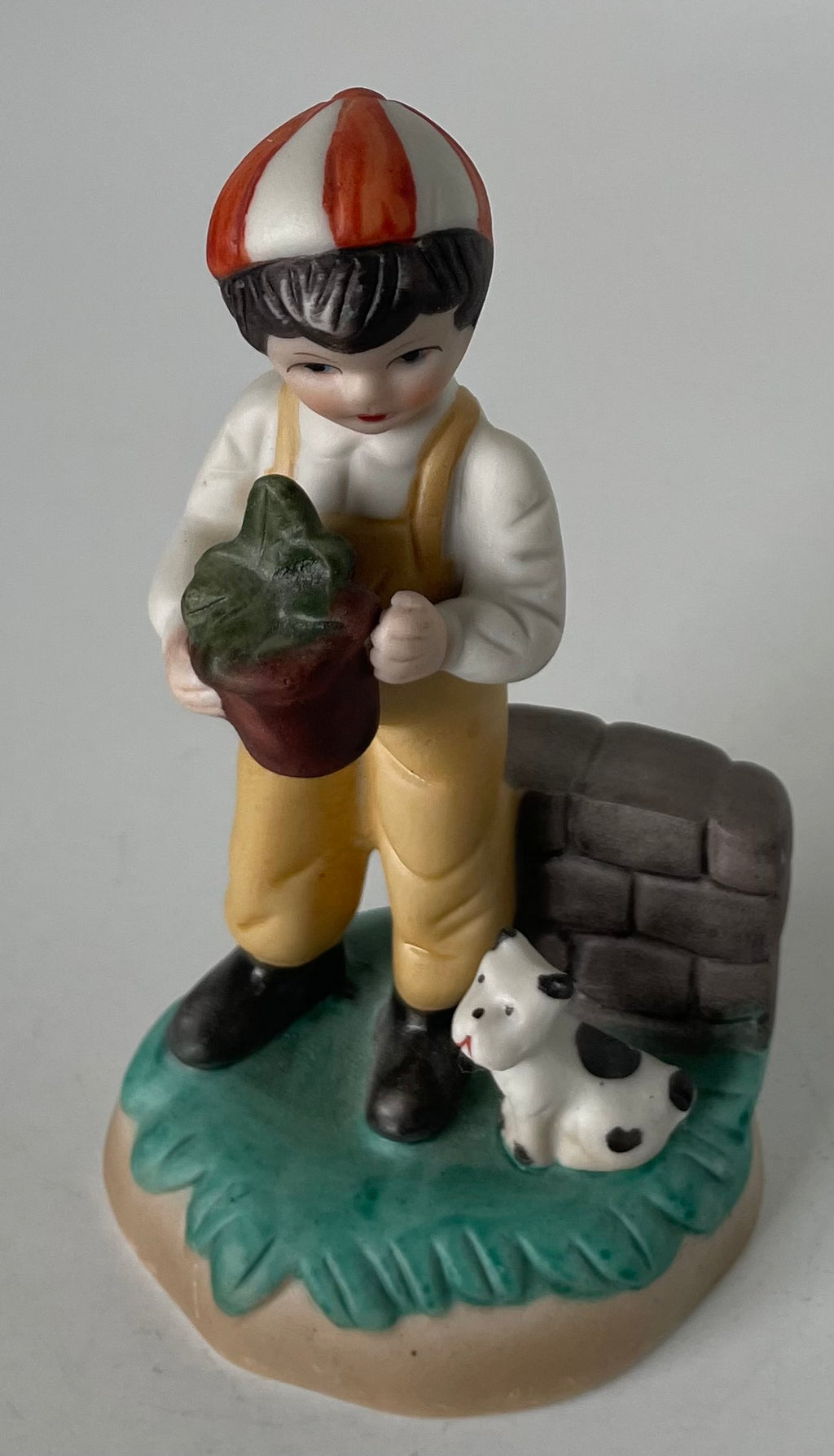 Vintage Napco Hand Painted Bisque Ceramic Boy W Plant & Puppy  Figurine