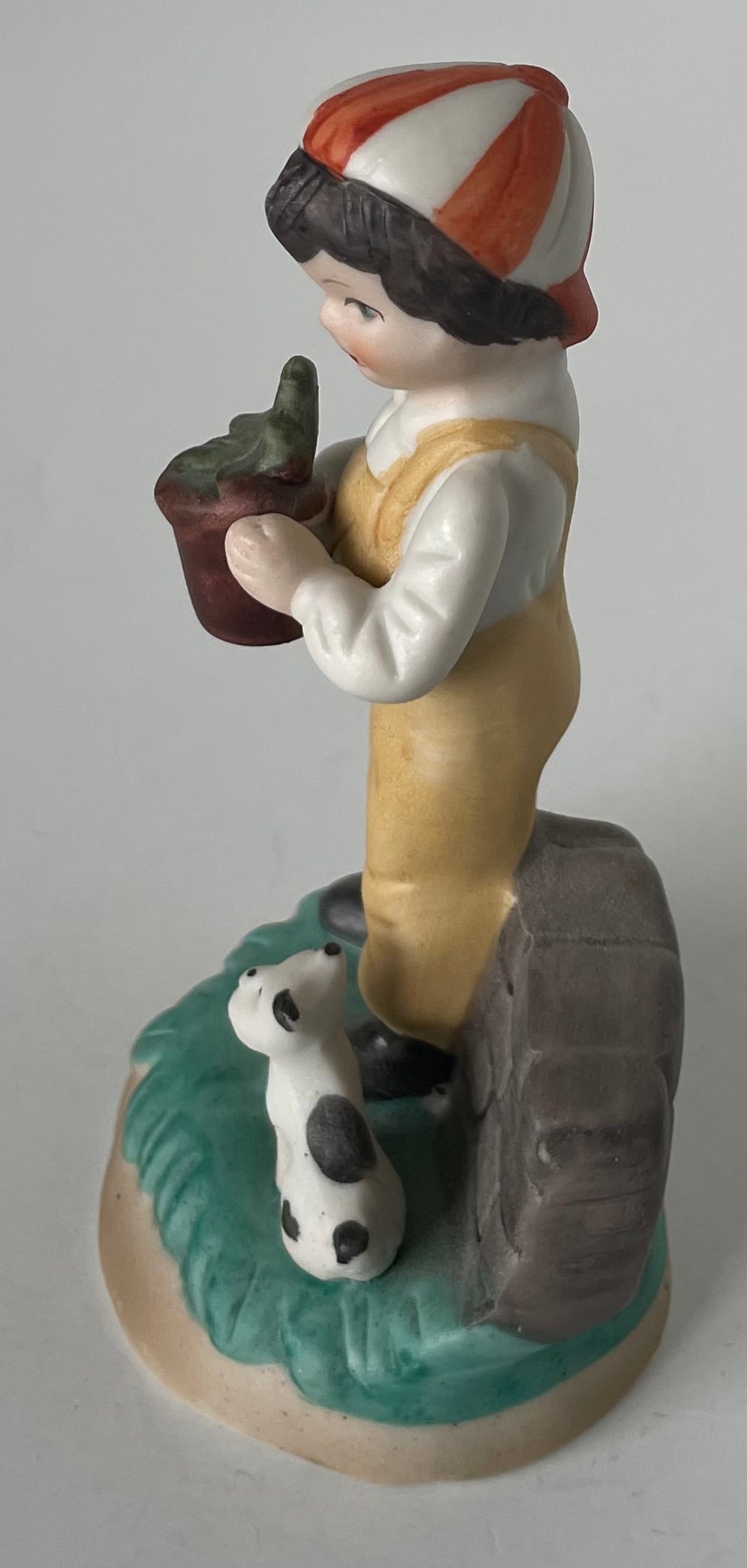 Vintage Napco Hand Painted Bisque Ceramic Boy W Plant & Puppy  Figurine