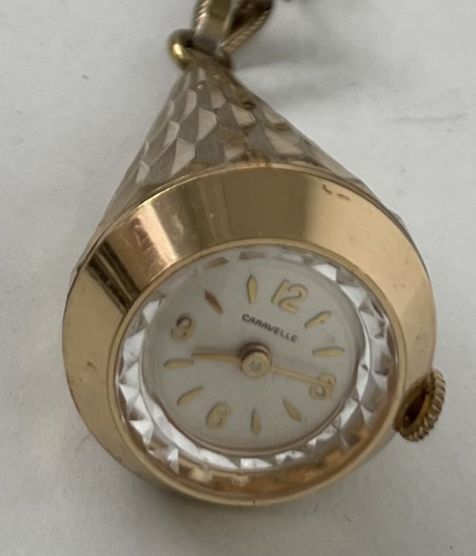 Caravelle Pendant Watch Double Chain Wind-Up Teardrop Shape