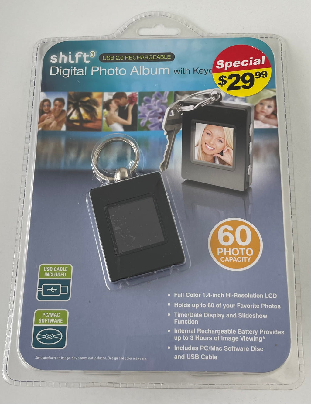 SHIFT3 Digital Photo Album with Keychain USB2 Rechargeable 60 Photo Capacity