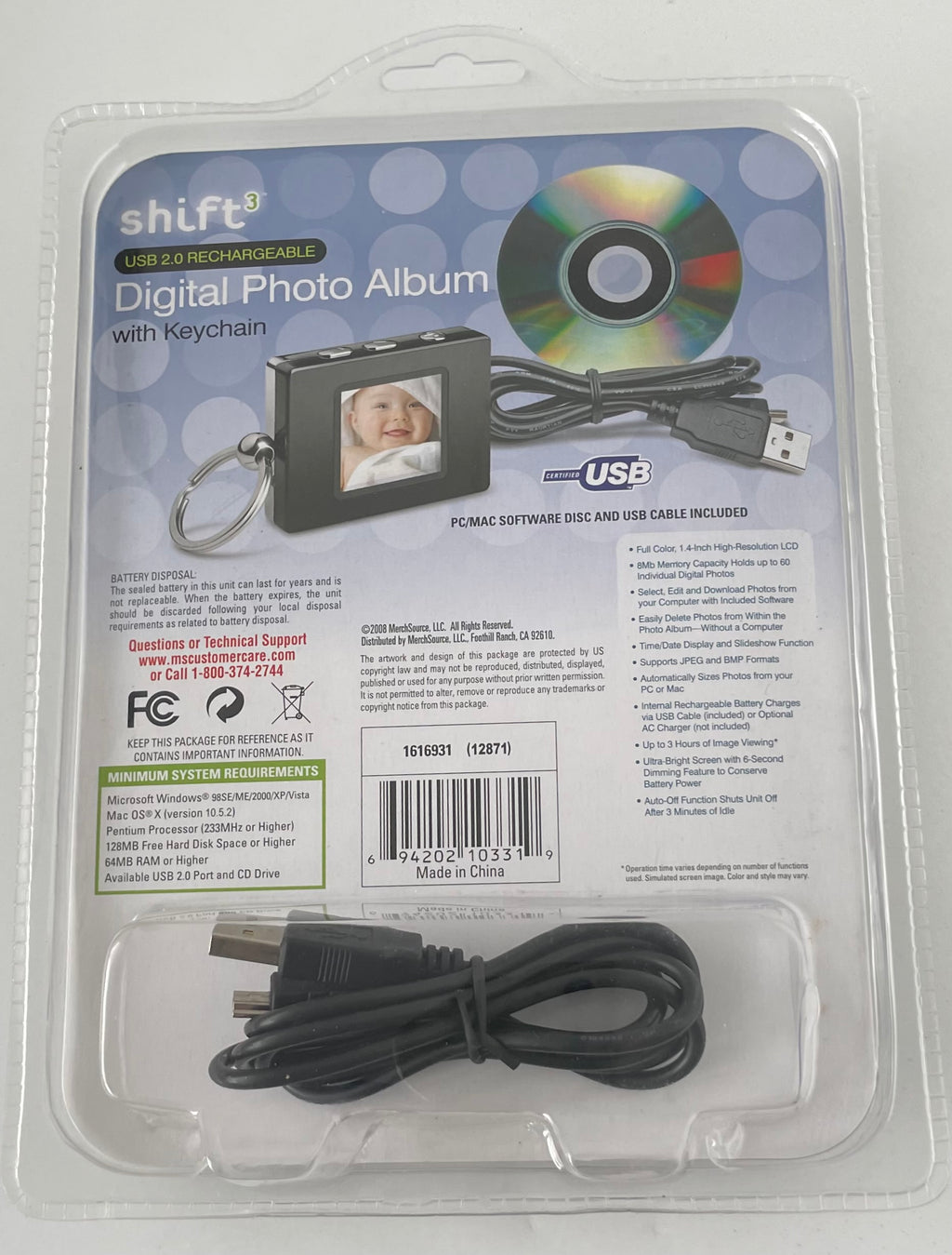 SHIFT3 Digital Photo Album with Keychain USB2 Rechargeable 60 Photo Capacity