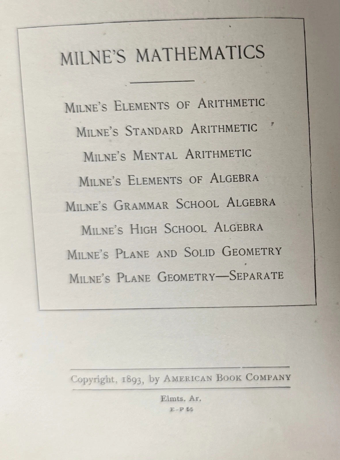 Vintage Milne's Elements Of Arithmetic By William J Milne Hardcover Book 1893