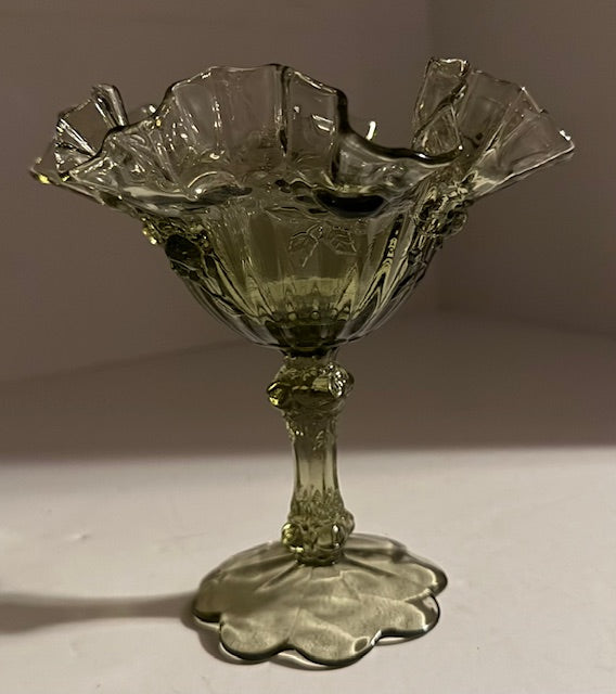 Vintage Green Fenton Ruffled Edge Cabbage Rose Compote Candy Dish