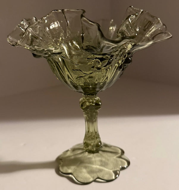 Vintage Green Fenton Ruffled Edge Cabbage Rose Compote Candy Dish