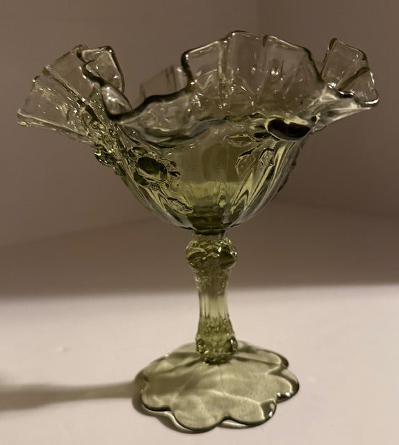 Vintage Green Fenton Ruffled Edge Cabbage Rose Compote Candy Dish