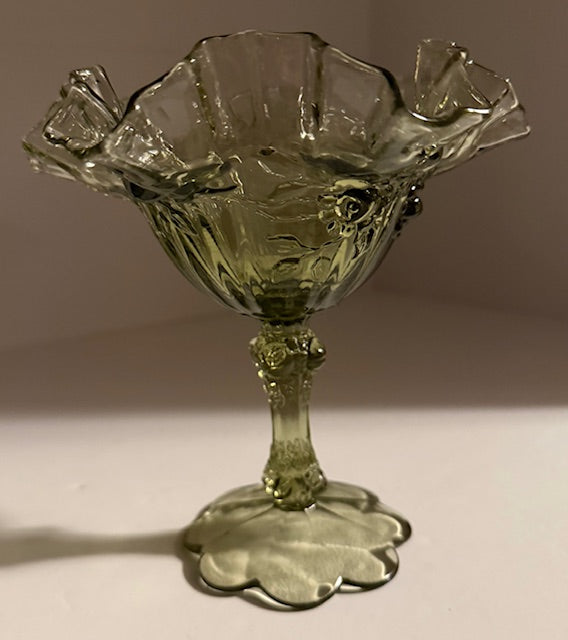 Vintage Green Fenton Ruffled Edge Cabbage Rose Compote Candy Dish