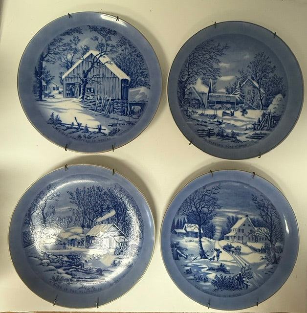 Currier & Ives Plate Set of 4 Old Homestead Winter Series "Backward Stamp"