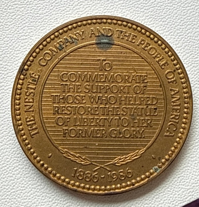 1986 Nestle Company Statue of Liberty Statue Restoration Medal Token NY NYC