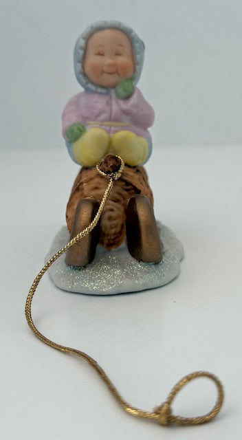 1987 Susan McAllister "Winterlore Fantasy" Figurine Gretchen on Log Sled