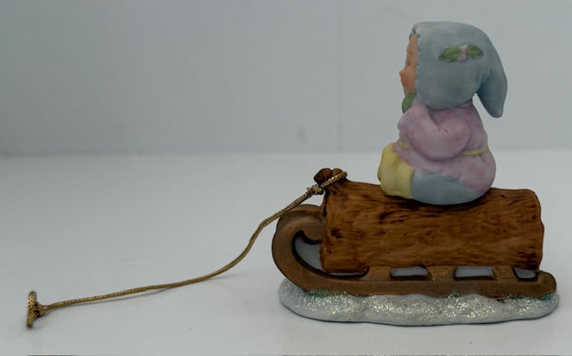 1987 Susan McAllister "Winterlore Fantasy" Figurine Gretchen on Log Sled